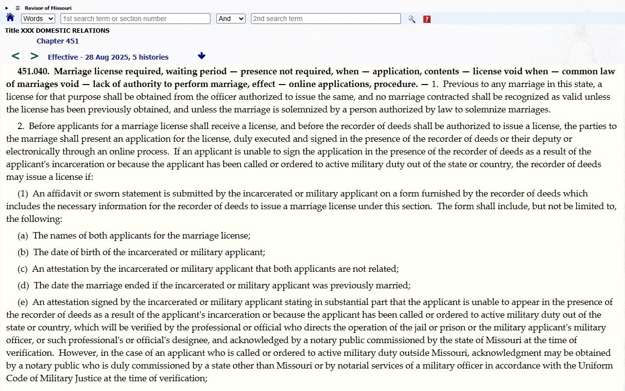 Cole County Circuit Clerk marriage statute boundary