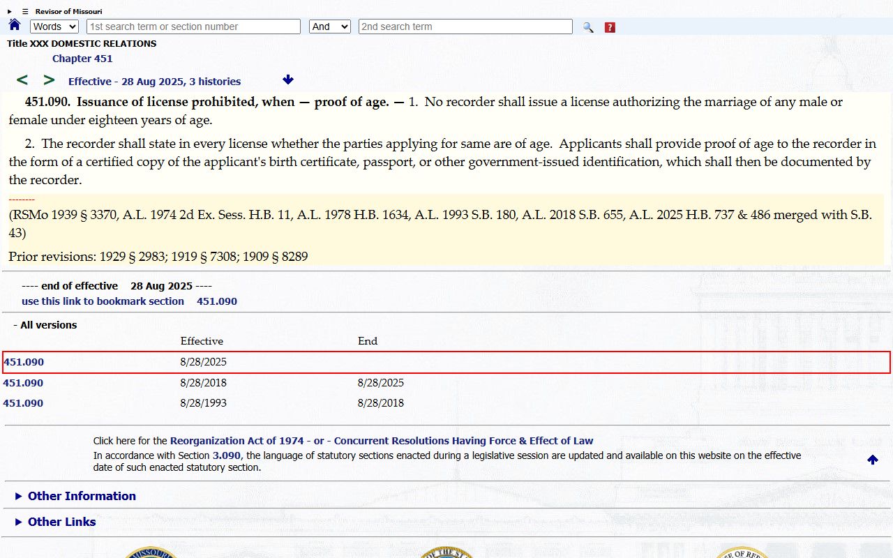 Cole County Circuit Clerk Missouri marriage age statute