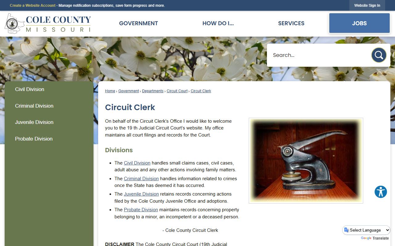 Cole County court records Circuit Clerk page