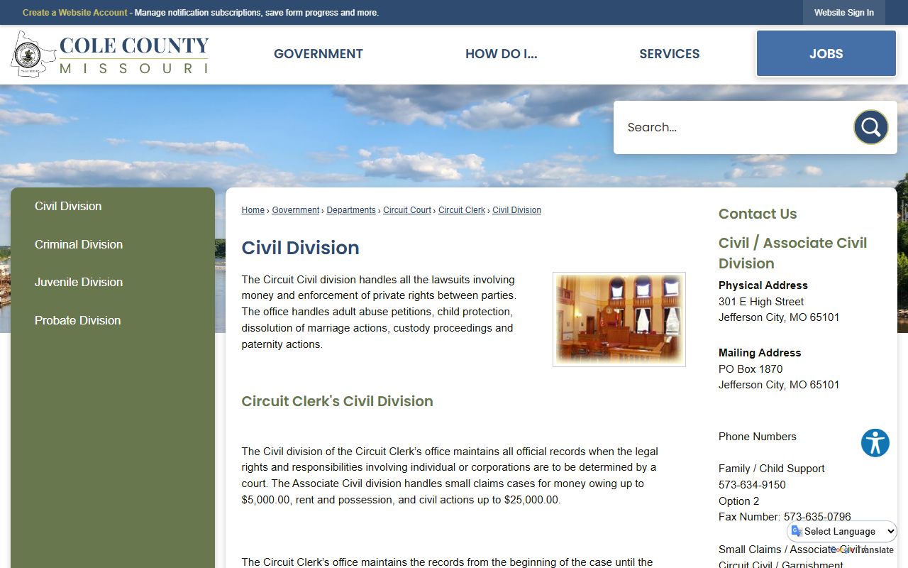 Cole County court records Civil Division page