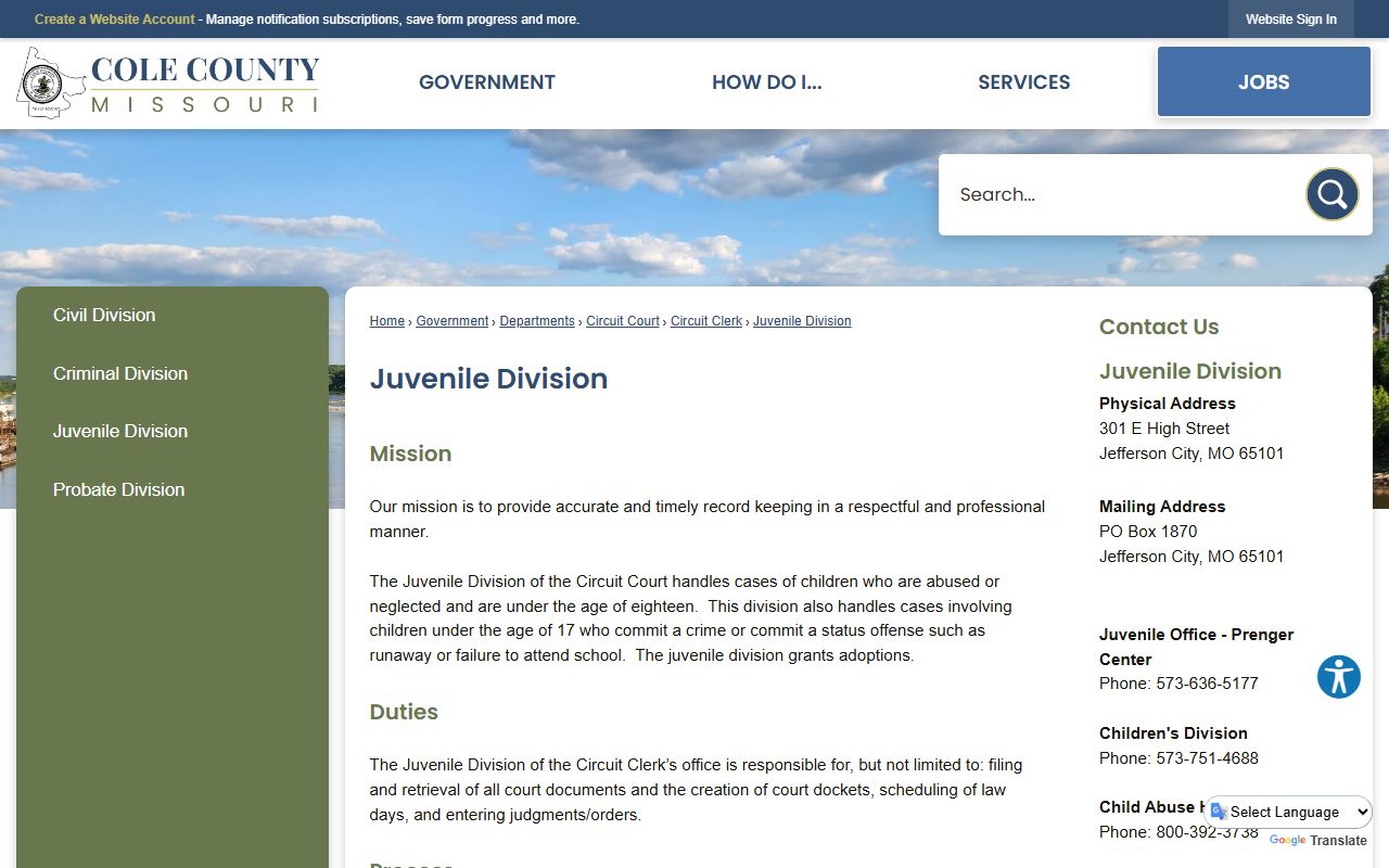 Cole County court records Juvenile Division page