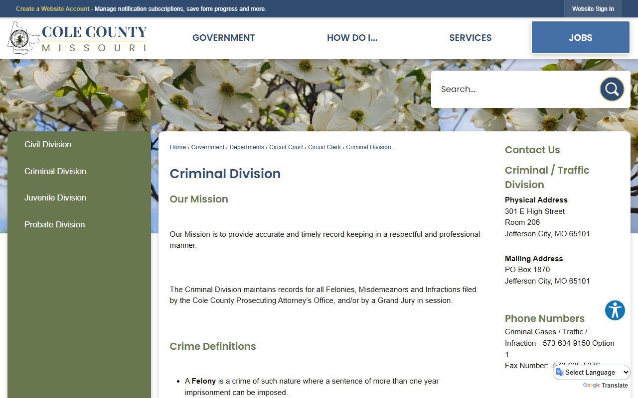 Cole County criminal court records Criminal Division page