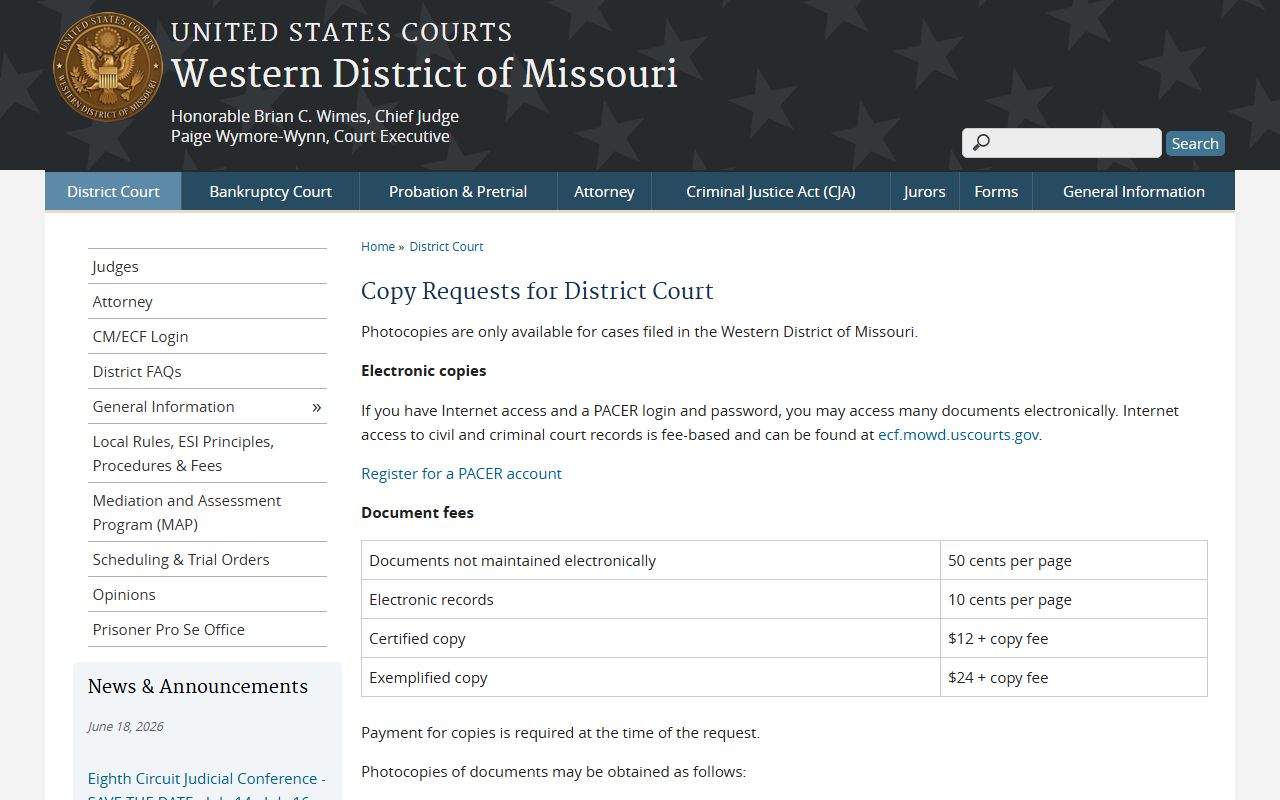 Cole County Circuit Court federal district copy requests