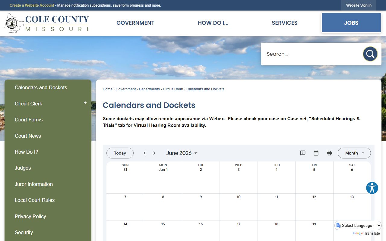 Cole County court records dockets page