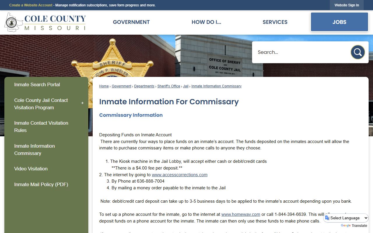 Cole County inmate records commissary and money deposit page