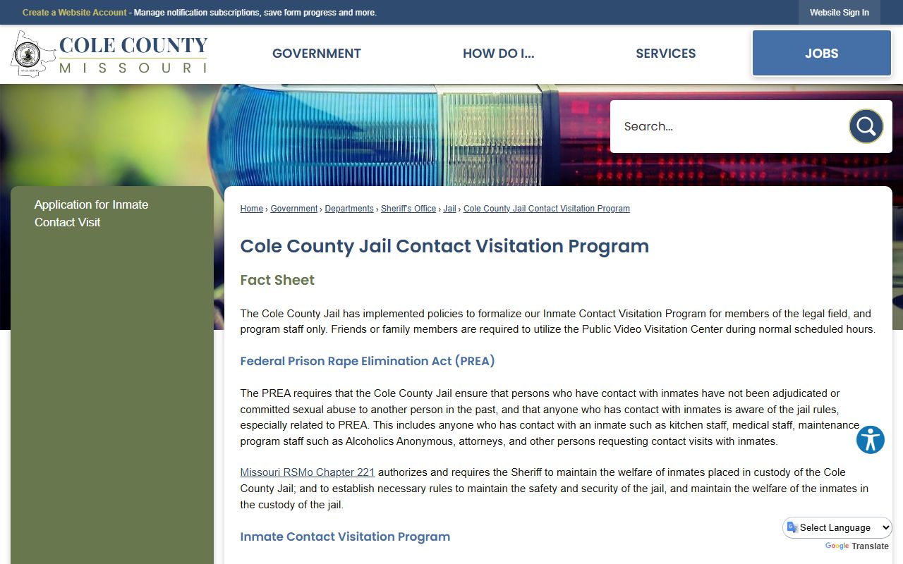 Cole County inmate records contact visitation program page
