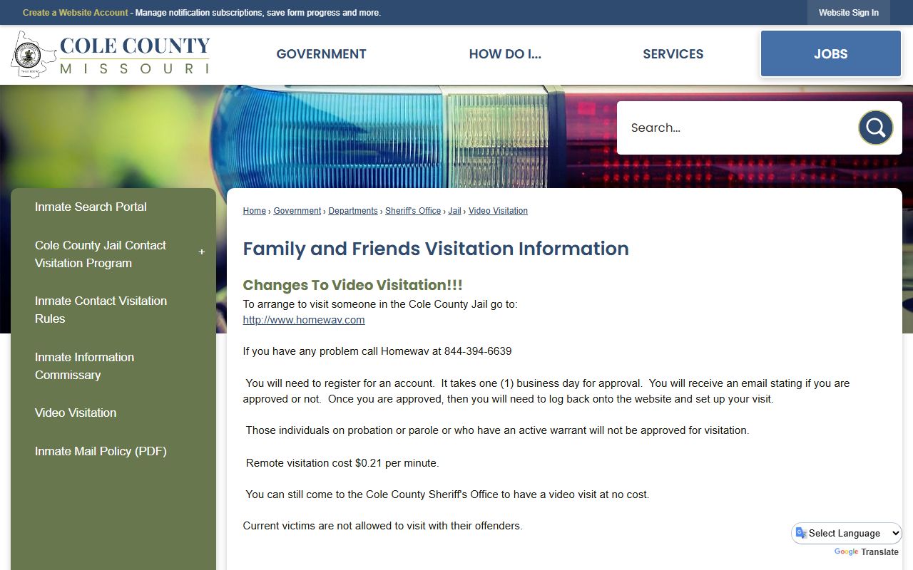 Cole County inmate records video visitation page