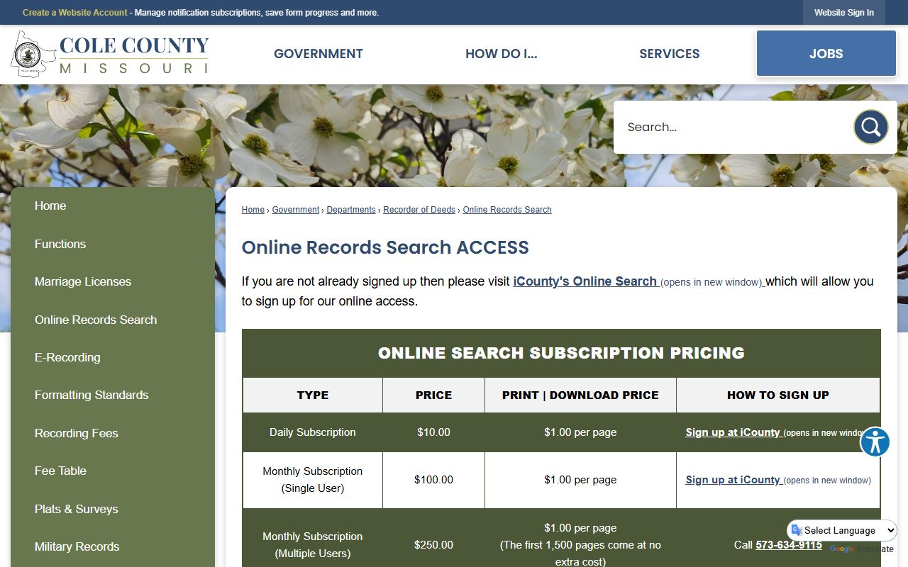 Cole County marriage records online index