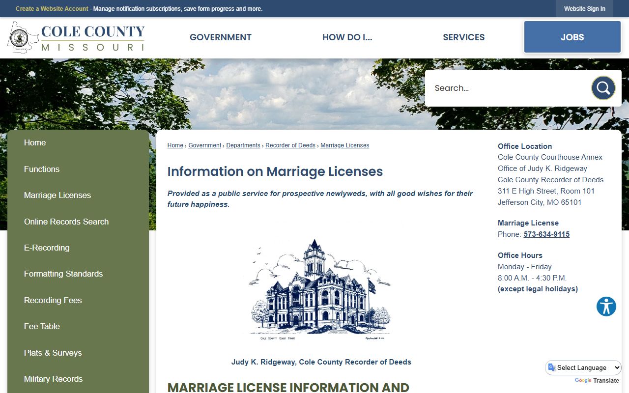 Cole County marriage records license requirements