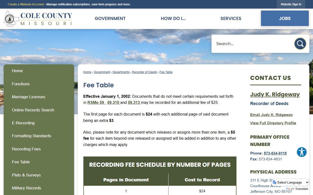 Cole County marriage records fee table