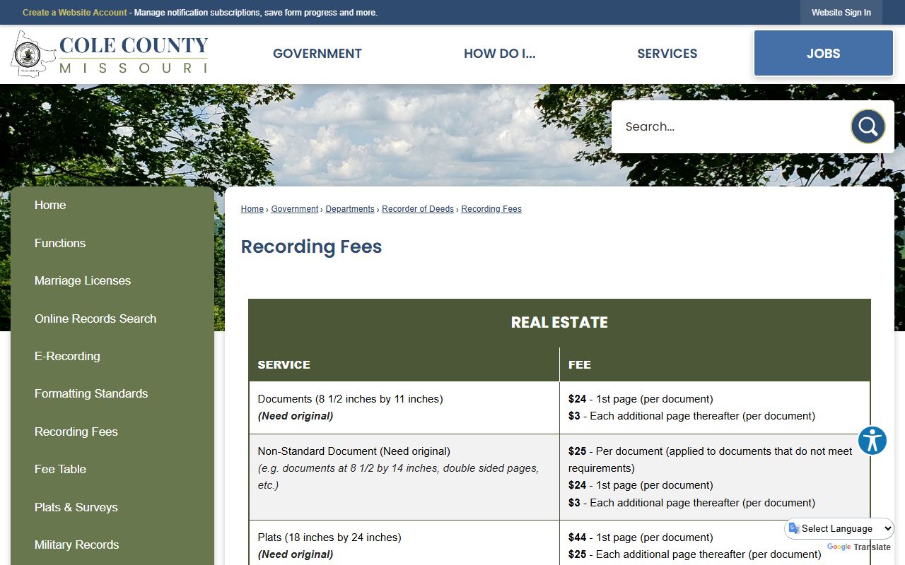 Cole County marriage records recording fees