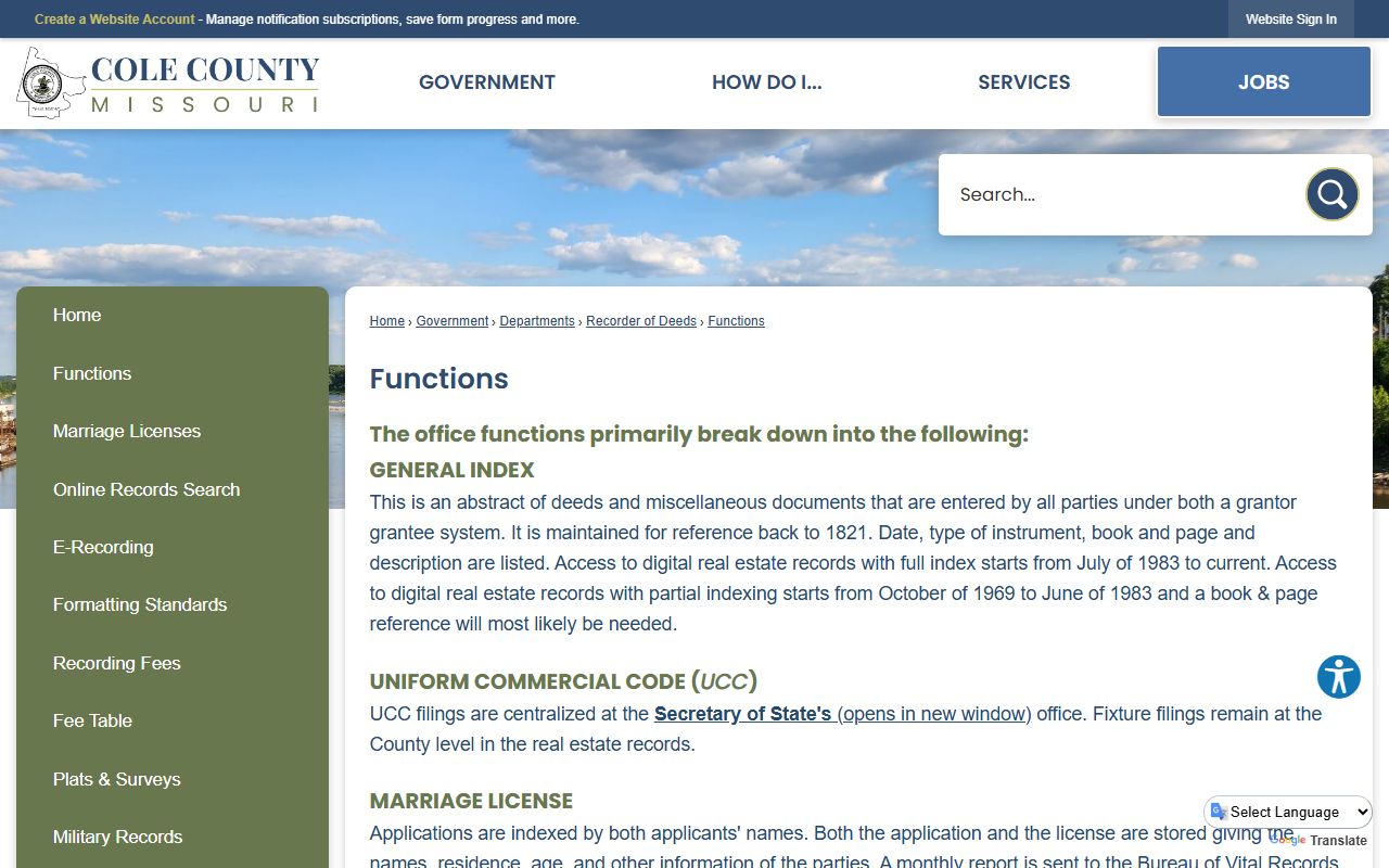 Cole County marriage records Recorder functions