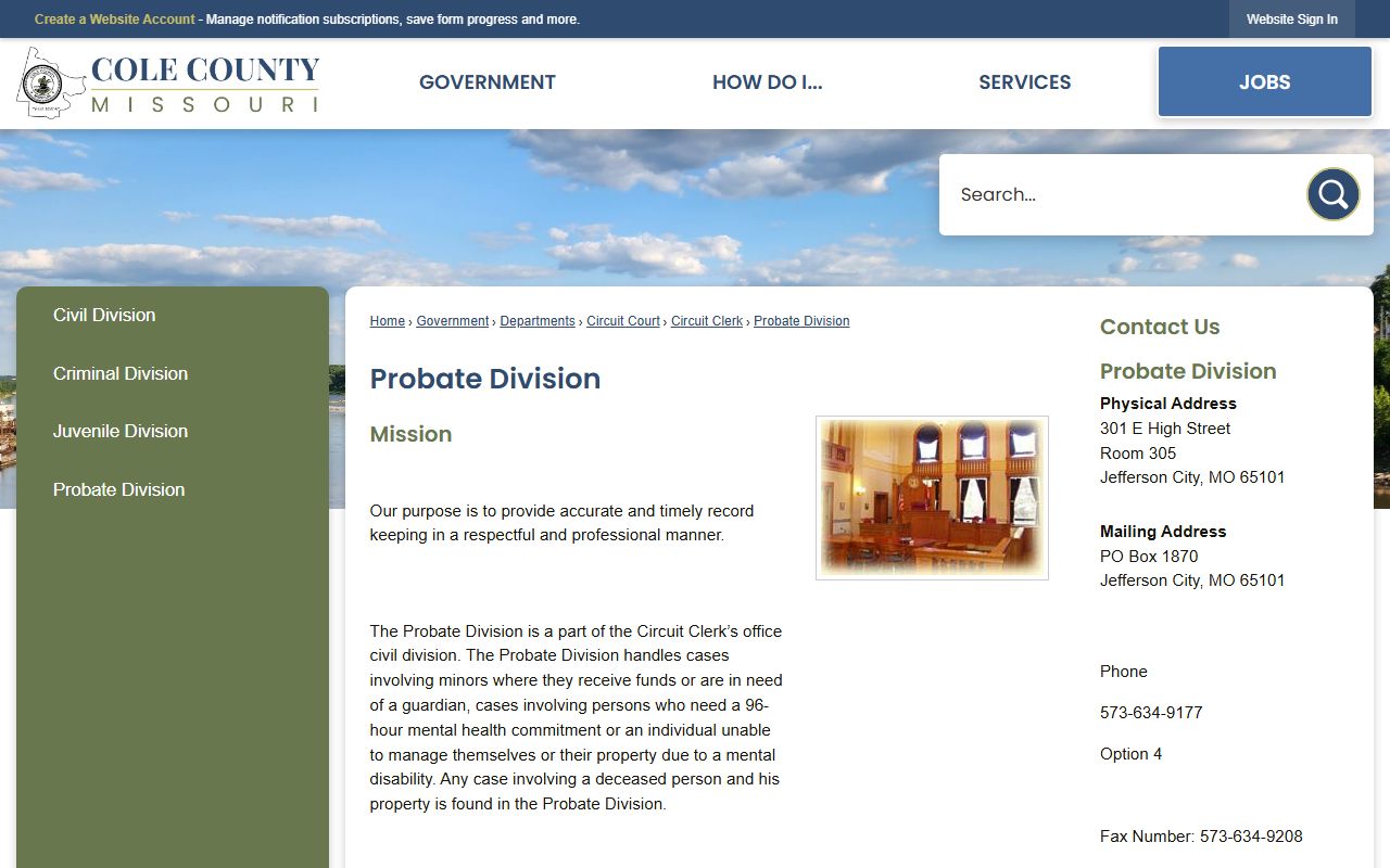 Cole County probate records Probate Division page