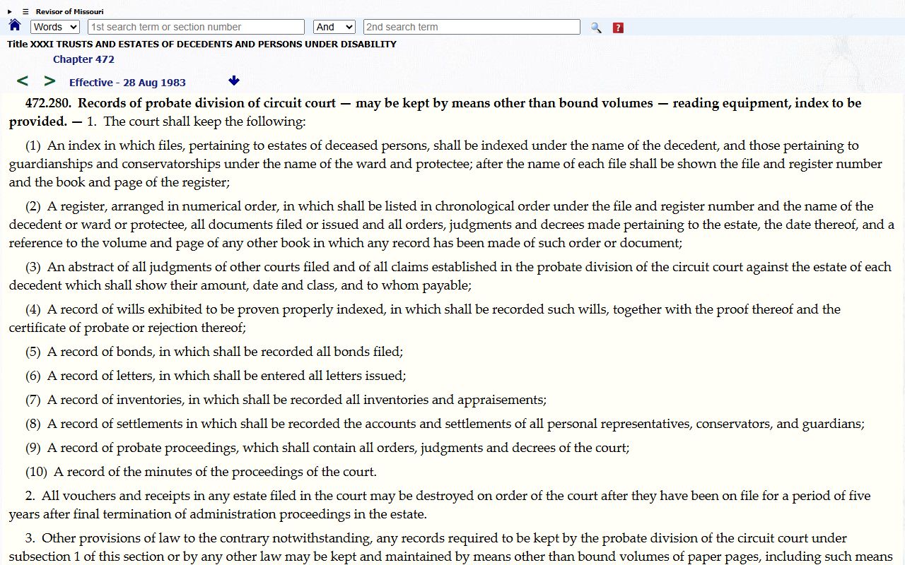 Cole County probate records Missouri probate recordkeeping statute