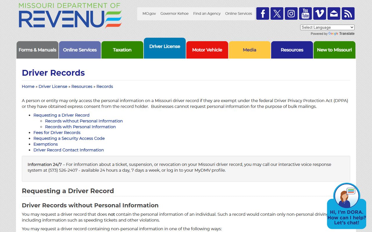 Cole County traffic court records Missouri DOR driver records page