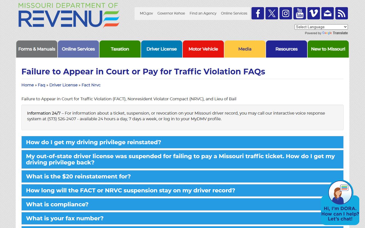 Cole County traffic court records Missouri NRVC failure to appear guidance