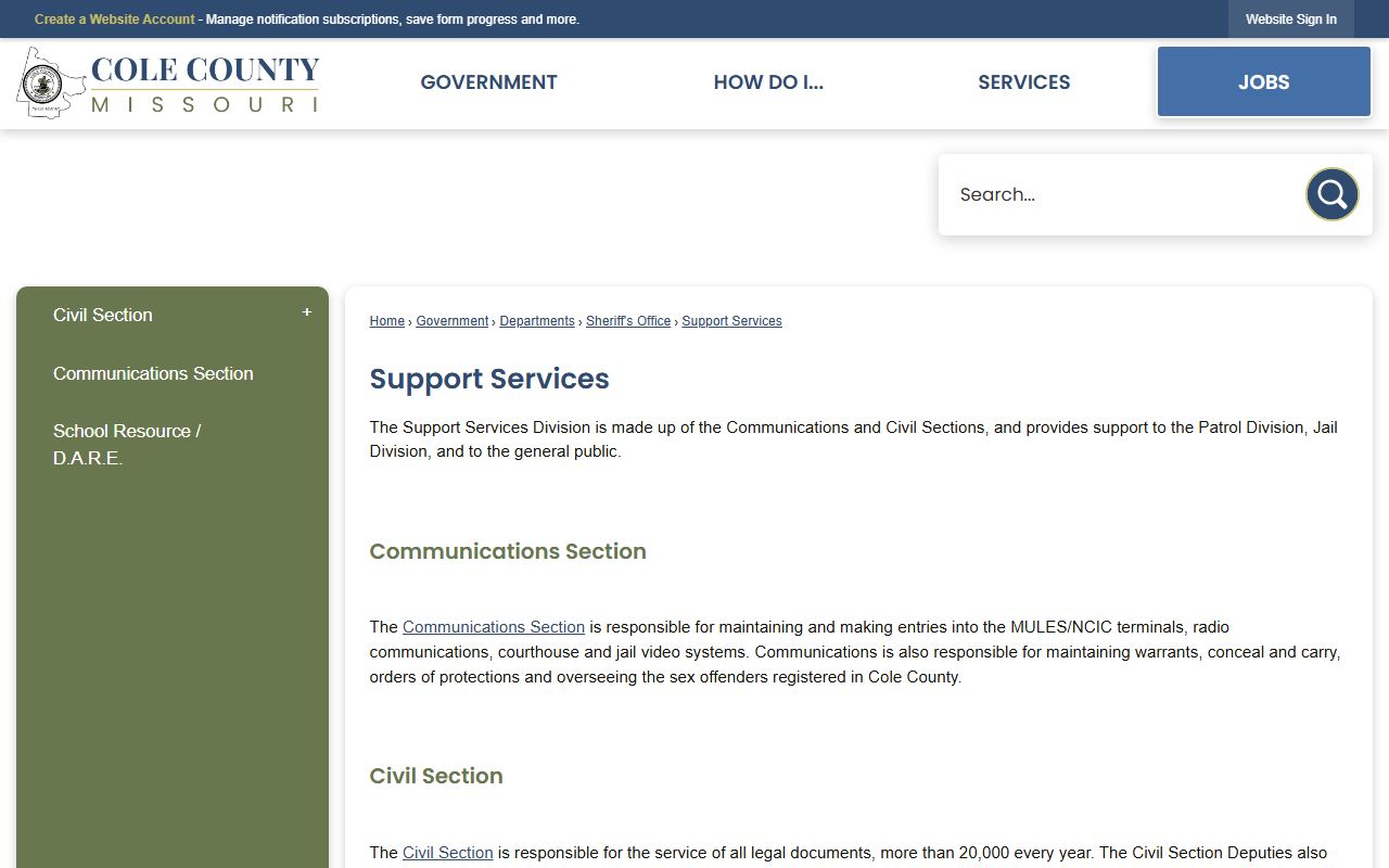 Cole County warrant records sheriff support services page